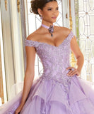 3D Floral Applique Bow Beading Ruffles Quinceanera Dress
