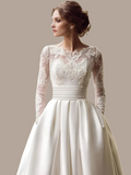 Elegant Satin With Pocket Long Sleeves A Line Wedding Dress