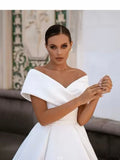 Elegant Off The Shoulder V-Neck Satin A Line Wedding Dress