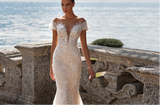 Appliques Lace V-Neck Mermaid Wedding Dress with Sweep Train