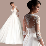 3/4 Sleeve Luxury V-neck Satin With Lace Wedding Dress