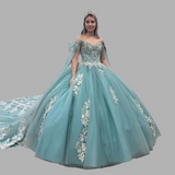 Shiny V-Neck Princess Quinceanera Ball Gown With Cape
