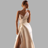 High Split Satin V-Neck A Line Wedding Dress