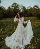 V-Neck Backless Lace Appliques A Line Wedding Dress