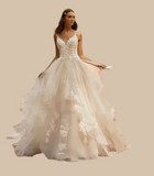 Exquisite Tiered Lace Appliques V-Neck A Line Wedding Dress