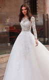 Floor Length A Line Lace Wedding Dress with Train