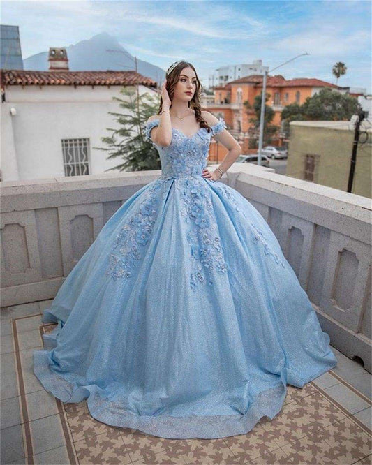 Shiny Blue Sequin Off-Shoulder Ball Gown