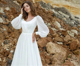 Beautiful Modern O-Neck Long Puff Sleeves A Line Wedding Dress