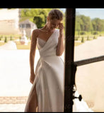 High Split Satin V-Neck A Line Wedding Dress