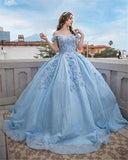 Shiny Blue Sequin Off-Shoulder Ball Gown