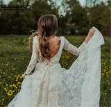 V-Neck Backless Lace Appliques A Line Wedding Dress