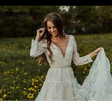 V-Neck Backless Lace Appliques A Line Wedding Dress