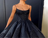 Black Lace Applique A-Line Evening Dress