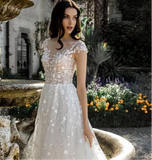 Exquisite Sleeveless V-Neck Lace Appliques A Line Wedding Dress