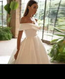Elegant Off The Shoulder V-Neck Satin A Line Wedding Dress