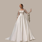 Classic Satin With Lace Applique A Line Wedding Dress