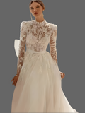 Vintage Long Sleeves High Neck A Line Wedding Dress