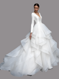 Gorgeous V-Neck Backless Tiered Pleat A Line Wedding Dress