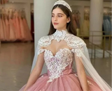 Pink Lace Appliqué Quinceañera Gown