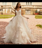 Exquisite Tiered Lace Appliques V-Neck A Line Wedding Dress