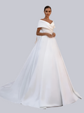 Elegant Off The Shoulder V-Neck Satin A Line Wedding Dress