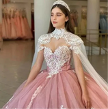 Pink Lace Appliqué Quinceañera Gown