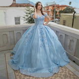 Shiny Blue Sequin Off-Shoulder Ball Gown