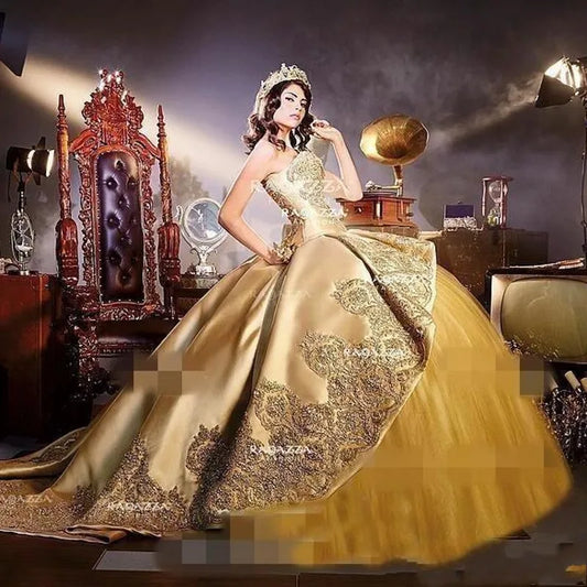 Elegant Gold Applique Ball Gown Dresses