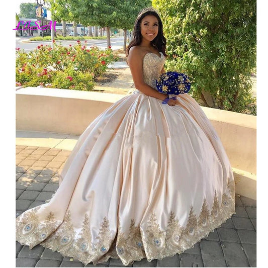 Gold Lace Sweet 15 Quinceanera Gown