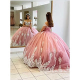 Pink Lace Appliqué Quinceañera Gown