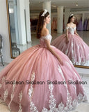 Pink Lace Appliqué Quinceañera Gown