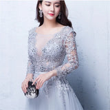 Gray Tulle Beaded Plus Size Evening Gown