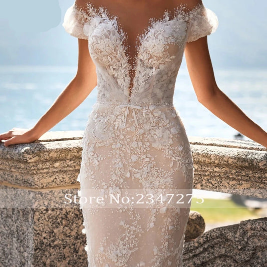Appliques Lace V-Neck Mermaid Wedding Dress with Sweep Train