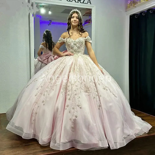Pink Ball Gown with Lace Appliques