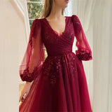 Burgundy Lace A-line Evening Gown