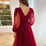 Burgundy Lace A-line Evening Gown
