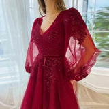 Burgundy Lace A-line Evening Gown