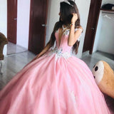 Pink XV Quinceañera Dress with Deep V Neck