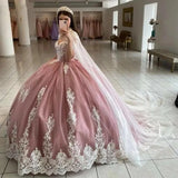 Pink Lace Appliqué Quinceañera Gown