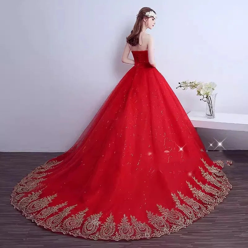 Red Tulle Strapless Plus Size Wedding Dress