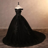 Elegant Black Off Shoulder A-Line Wedding Dress