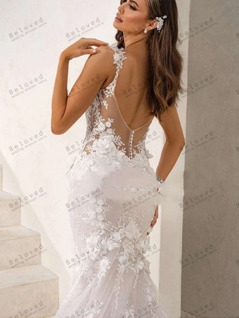 Classic Lace Appliques Spaghetti Straps Mermaid Wedding Dress
