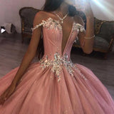 Pink XV Quinceañera Dress with Deep V Neck