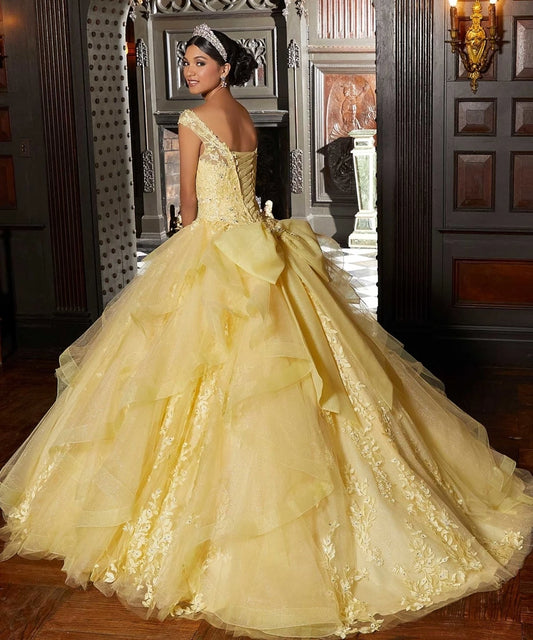 3D Floral Applique Bow Beading Ruffles Quinceanera Dress