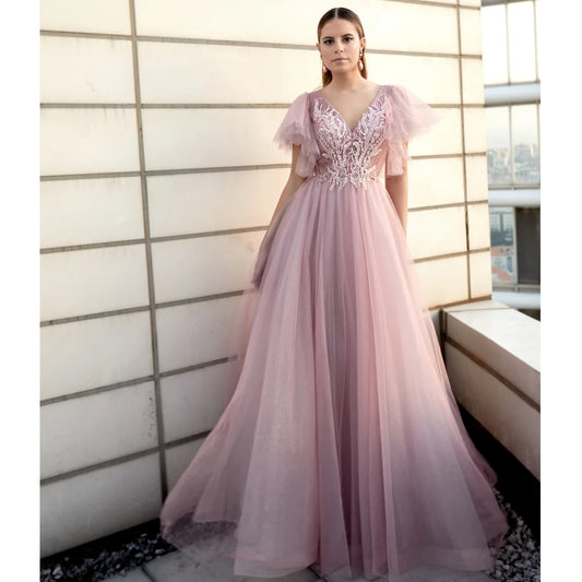 V-neck A-line Backless Formal Dress