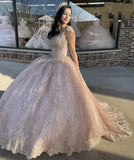 Cap Sleeve Tulle Ball Gown with Beading