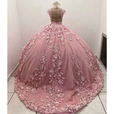 Pink 3D Floral Quinceañera Dress