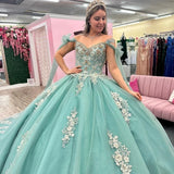 Shiny V-Neck Princess Quinceanera Ball Gown With Cape