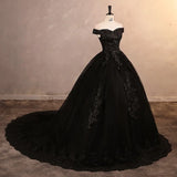 Elegant Black Off Shoulder A-Line Wedding Dress