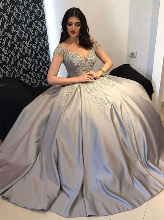 Gray Beaded Quinceañera Princess Gown